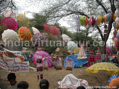 Colorful embroidered umbrellas and roof hangings