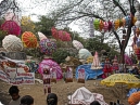Colorful embroidered umbrellas and roof hangings