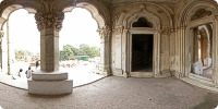 Inner view of Radha Swami Samadhi with beautiful stone carving and stone inlay work
