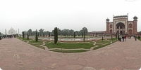 View of Taj Mahal and Gateway from path between them